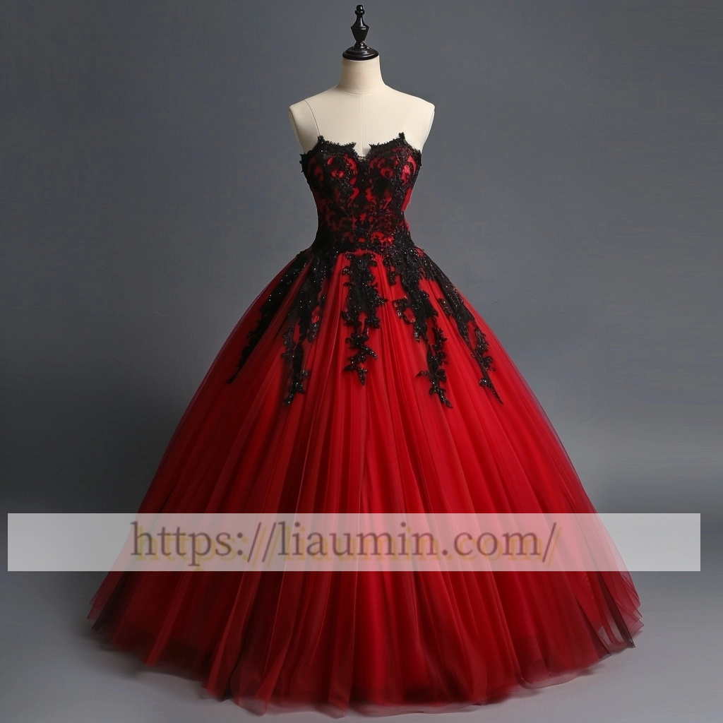 Red Tulle Black Applique Strapless Evening Dress Party Prom Formal Princess Homecoming Skirt A-1.38