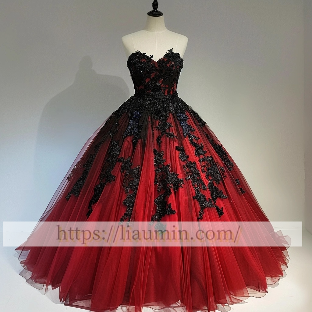 Red Tulle Black Lace Evening Prom Dress Formal Dress Lace Up Back Princess Homecoming Skirt A-1.39