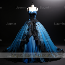 Load image into Gallery viewer, Blue Tulle Black Lace Applique Strapless Evening Party Prom Formal Occasion Princess Dress B-1.3
