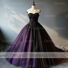 Load image into Gallery viewer, Purple Tulle Black Lace Applique Strapless Evening Party Prom Formal Occasion Princess Dress A-1.3
