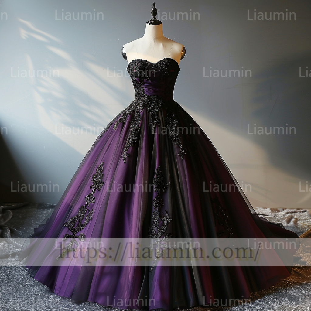 Purple Tulle Black Lace Applique Strapless Evening Party Prom Formal Occasion Princess Dress A-1.3