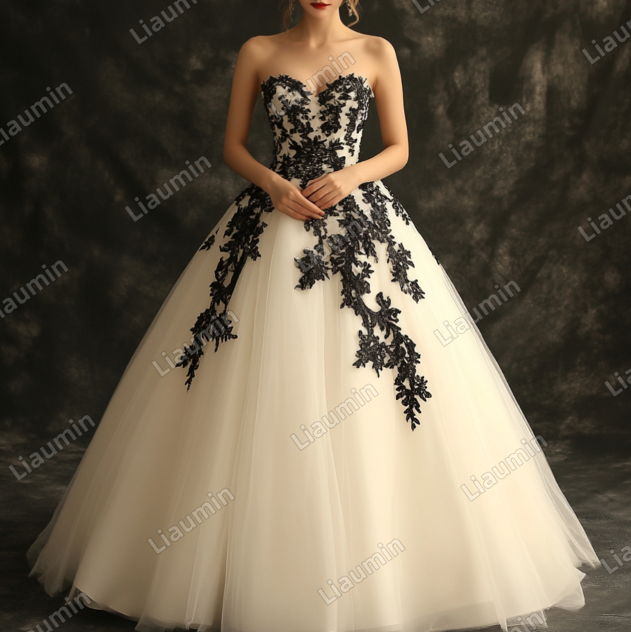 Ivory Tulle and Black Lace Applique Wedding Evening Prom Formal Lace Up Back Princess Dress C-1.3