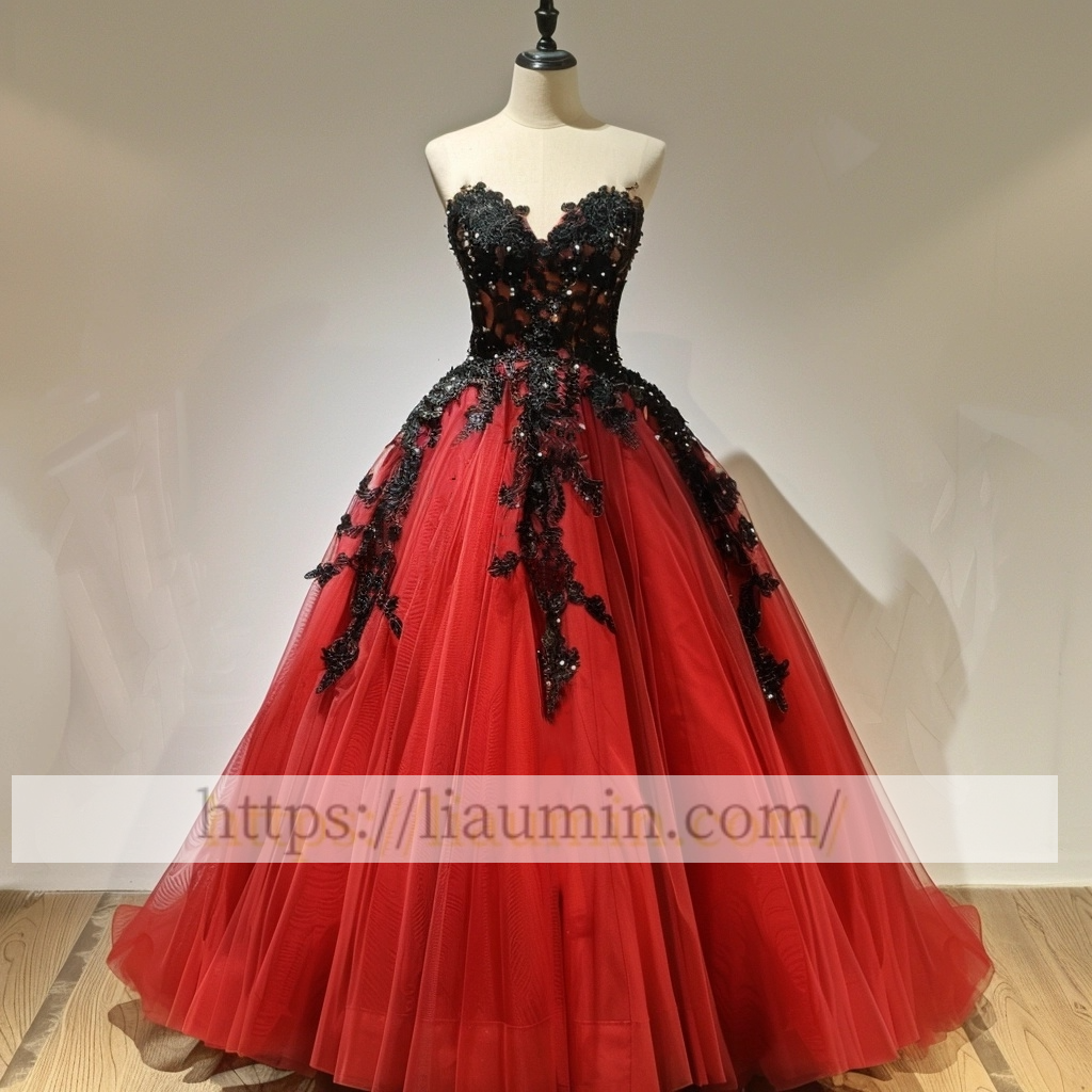 Red Tulle and Black Applique Strapless Evening Dress Prom Formal Princess Homecoming Skirt A-1.40