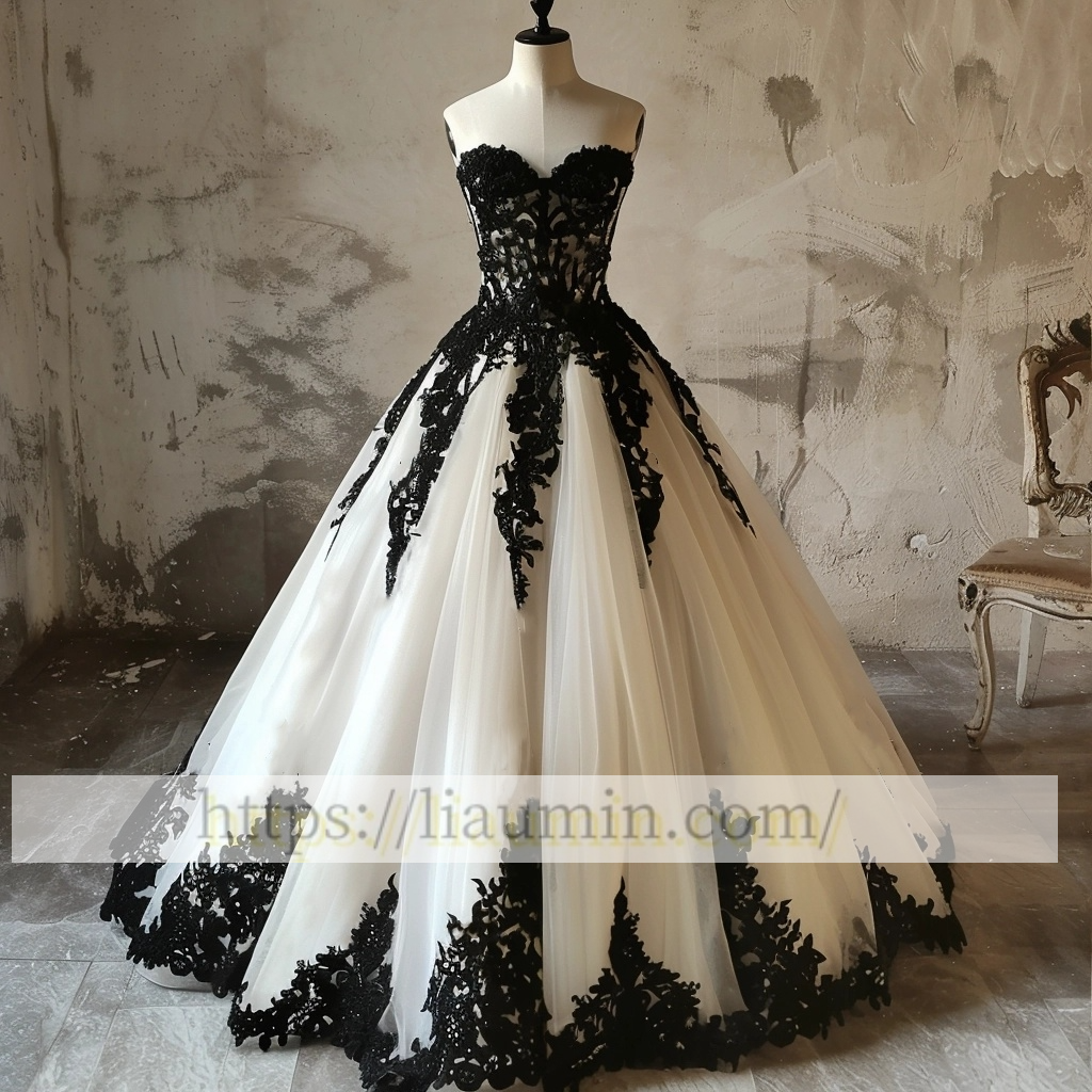 White Tulle and Black Applique Strapless Evening Dress Prom Formal Princess Homecoming Skirt A-1.42