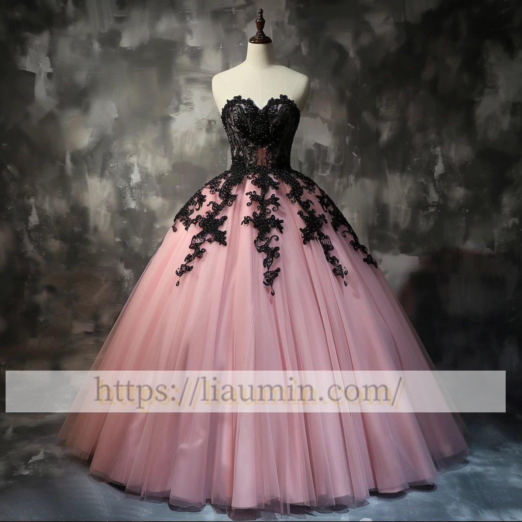 Pink Tulle and Black Applique Strapless Evening Dress Prom Formal Princess Homecoming Skirt A-1.43