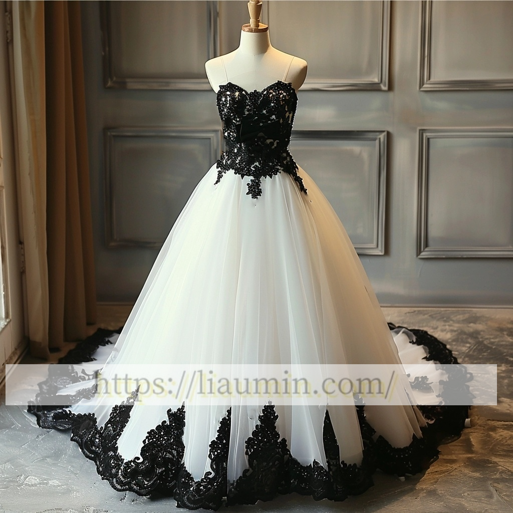 White Tulle and Black Lace Applique Strapless Evening Dress Prom Formal Princess Homecoming Dress A-1.44