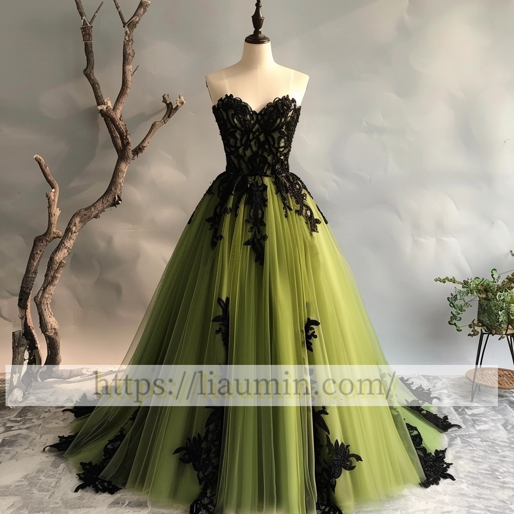 Green Tulle Black Lace Applique Evening Prom Dress Formal Dress Lace Up Back Princess Homecoming Skirt A-1.45