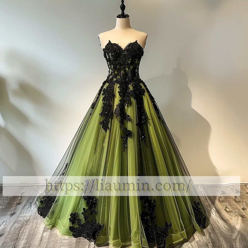 Green Tulle and Black Lace Applique Strapless Evening Prom Formal Princess Homecoming Dress A-1.46