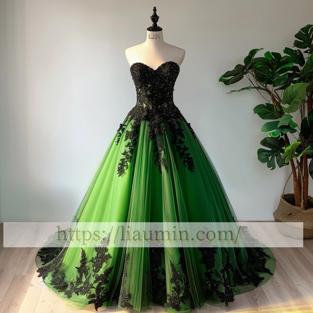Green Tulle and Black Lace Applique Strapless Evening Prom Princess Homecoming Dress A-1.47