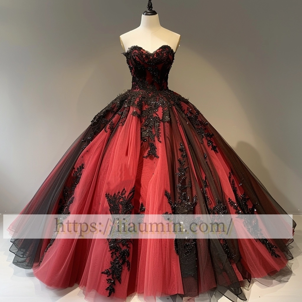 Red Tulle Black Lace Applique Evening Prom Dress Formal Dress Lace Up Back Princess Homecoming Skirt A-1.48