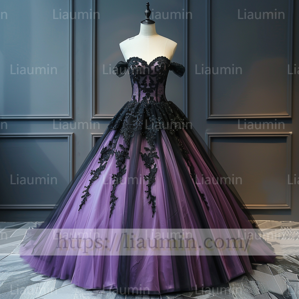 Classic Purple Tulle Black Lace Applique Off the Shoulder Evening Party Prom Formal Occasion Princess Dress A-1.5