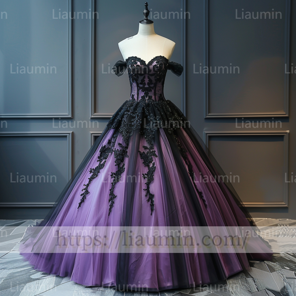 Purple Tulle Black Lace Applique Off the Shoulder Evening Party Prom Formal Occasion Princess Dress A-1.4