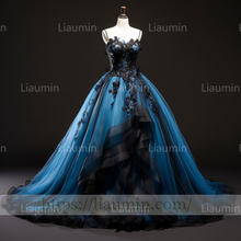 Load image into Gallery viewer, Blue Tulle Black Lace Applique Strapless Evening Party Prom Formal Occasion Princess Dress B-1.4
