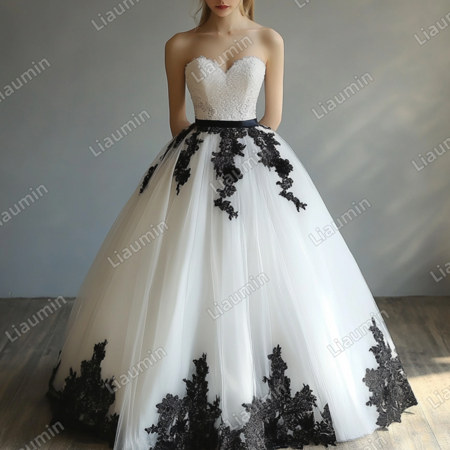 White Tulle and Black Lace Applique Strapless Wedding Evening Prom Formal Lace Up Back Princess Dress C-1.4