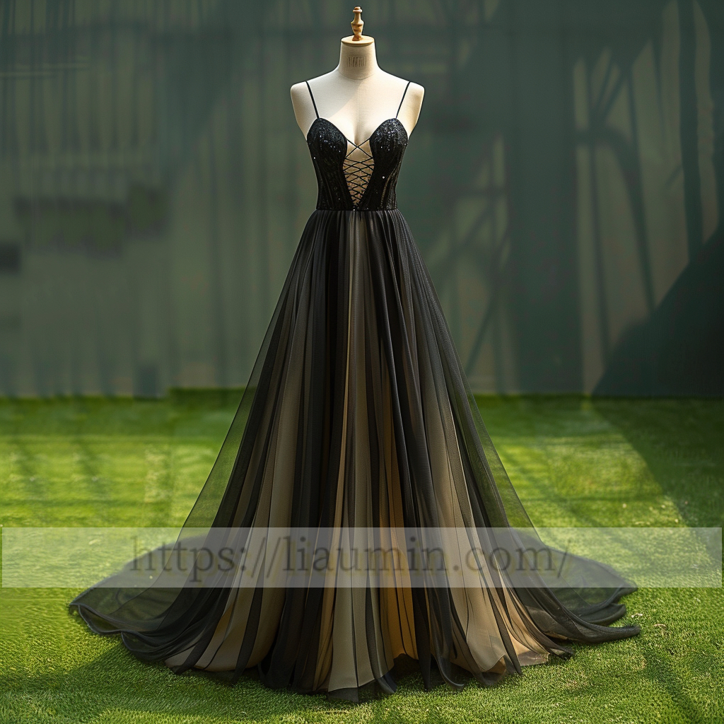 Champagne and Black Full Length V Neck Evening Party Prom Formal Princess Dress W15-1.4