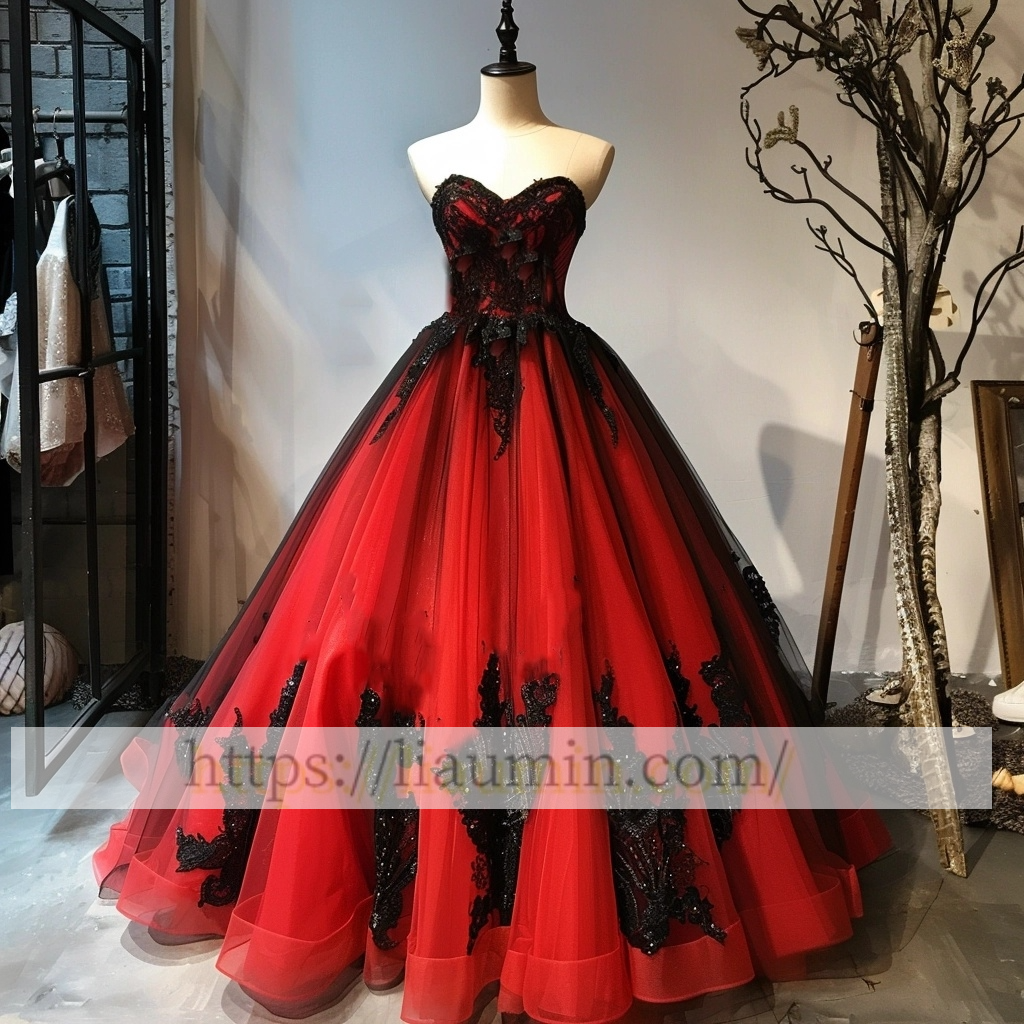 Red Tulle and Black Lace Applique Strapless Evening Prom Formal Homecoming Dress A-1.51
