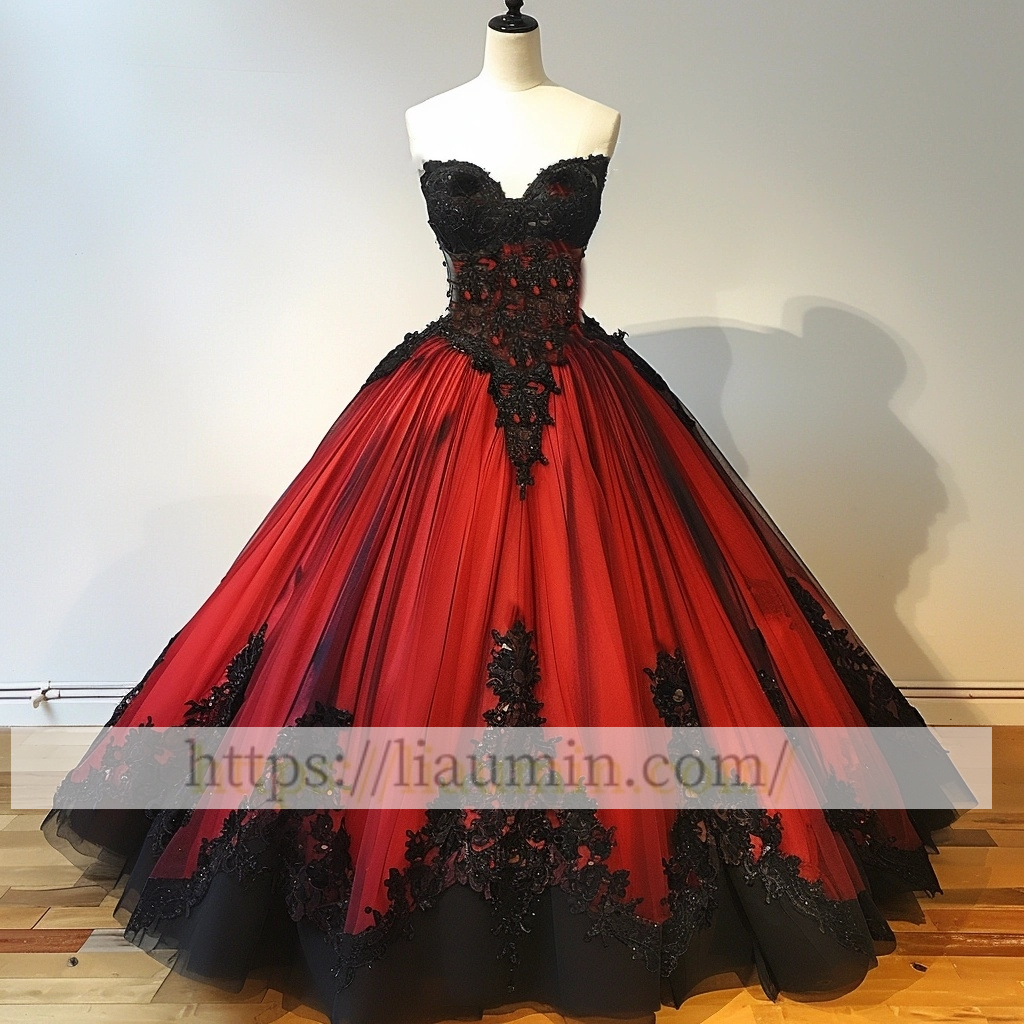 Red Tulle and Black Applique Strapless Evening Prom Formal Homecoming Dress Custom A-1.53