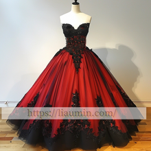Load image into Gallery viewer, Red Tulle and Black Applique Strapless Evening Prom Formal Homecoming Dress Custom A-1.53
