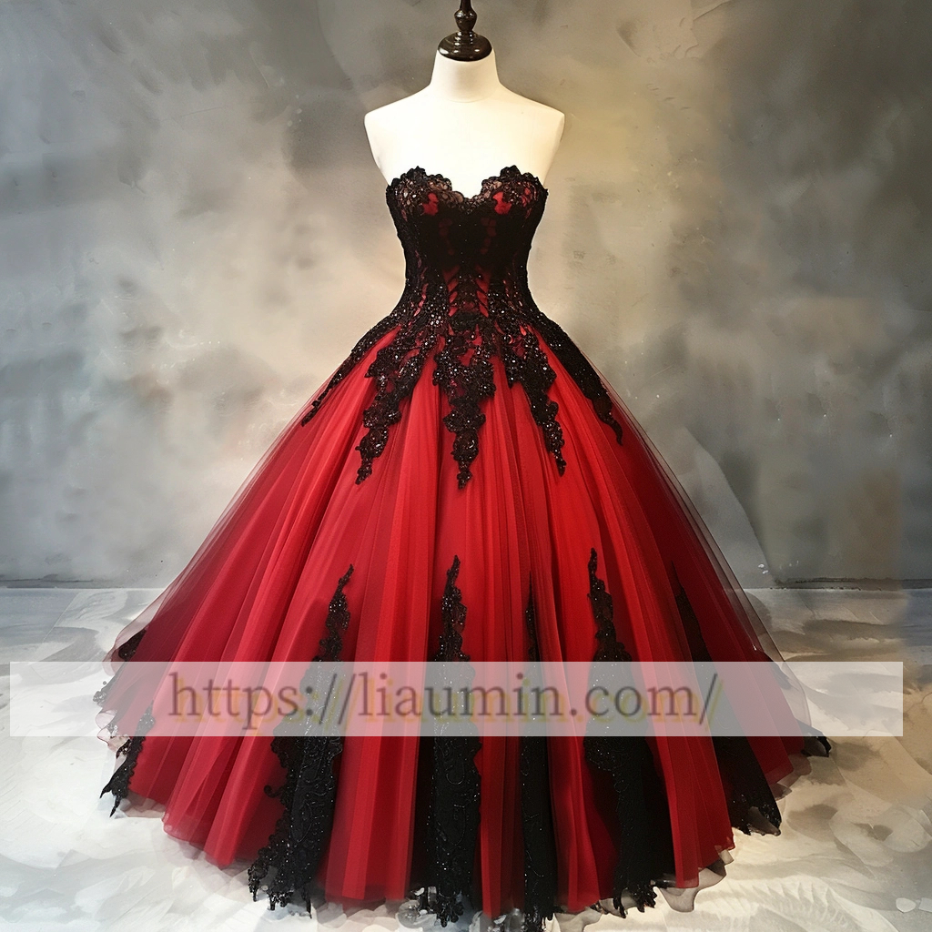 Red Tulle Black Lace Evening Prom Dress Formal Dress Lace Up Back Princess Skirt A-1.54