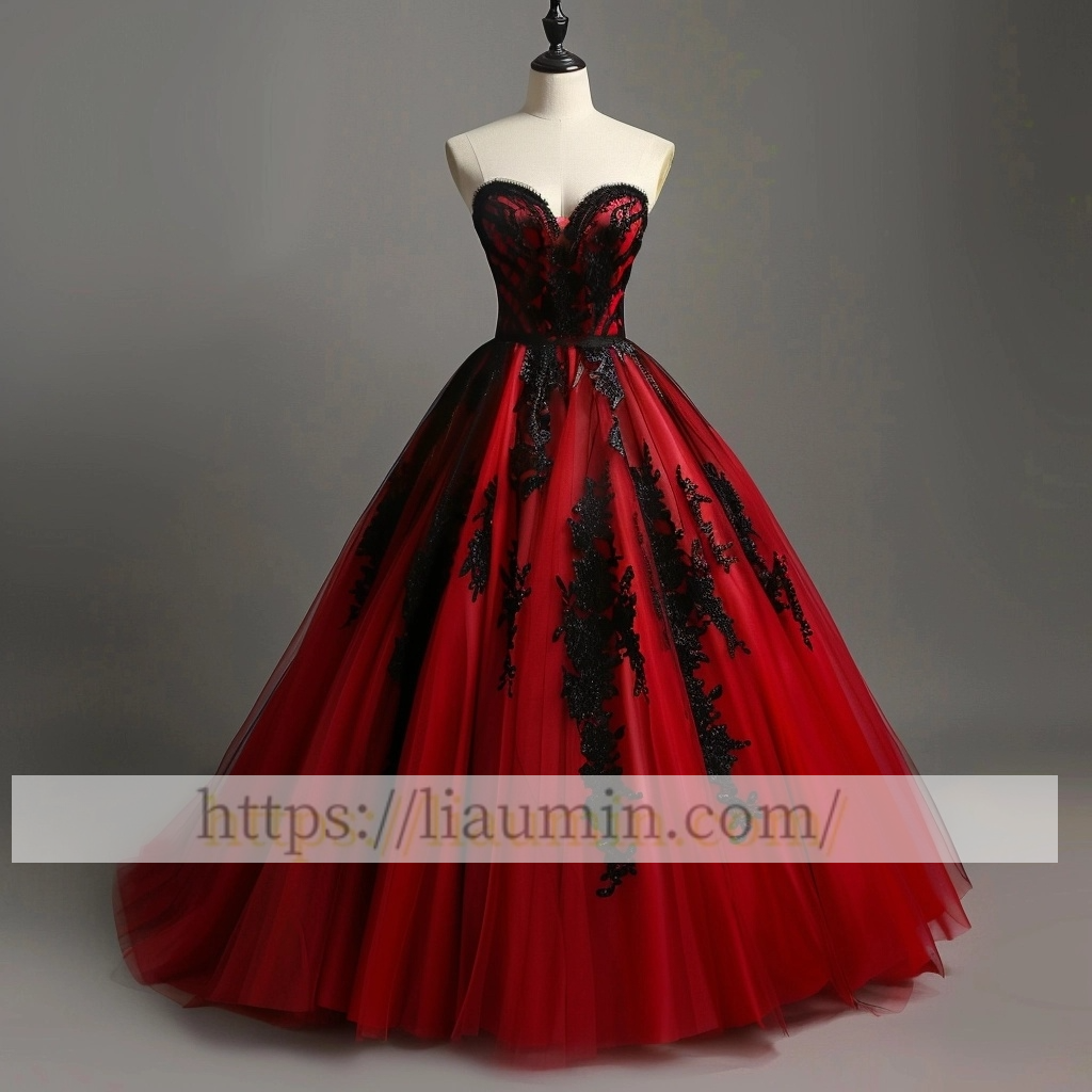 Red Tulle and Black Applique Strapless Evening Prom Formal Homecoming Dress Custom A-1.55