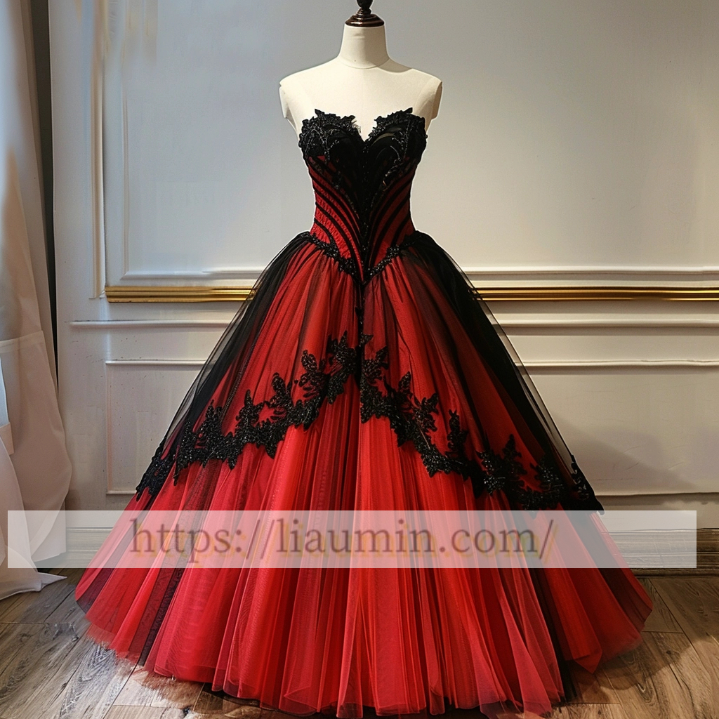 Red and Black Lace Evening Prom Dress Formal Dress Lace Up Back Princess Skirt A-1.56