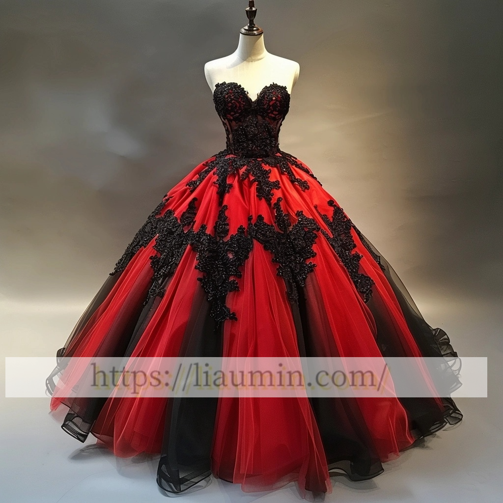 Red Tulle and Black Applique Strapless Evening Prom Formal Dress Custom A-1.57