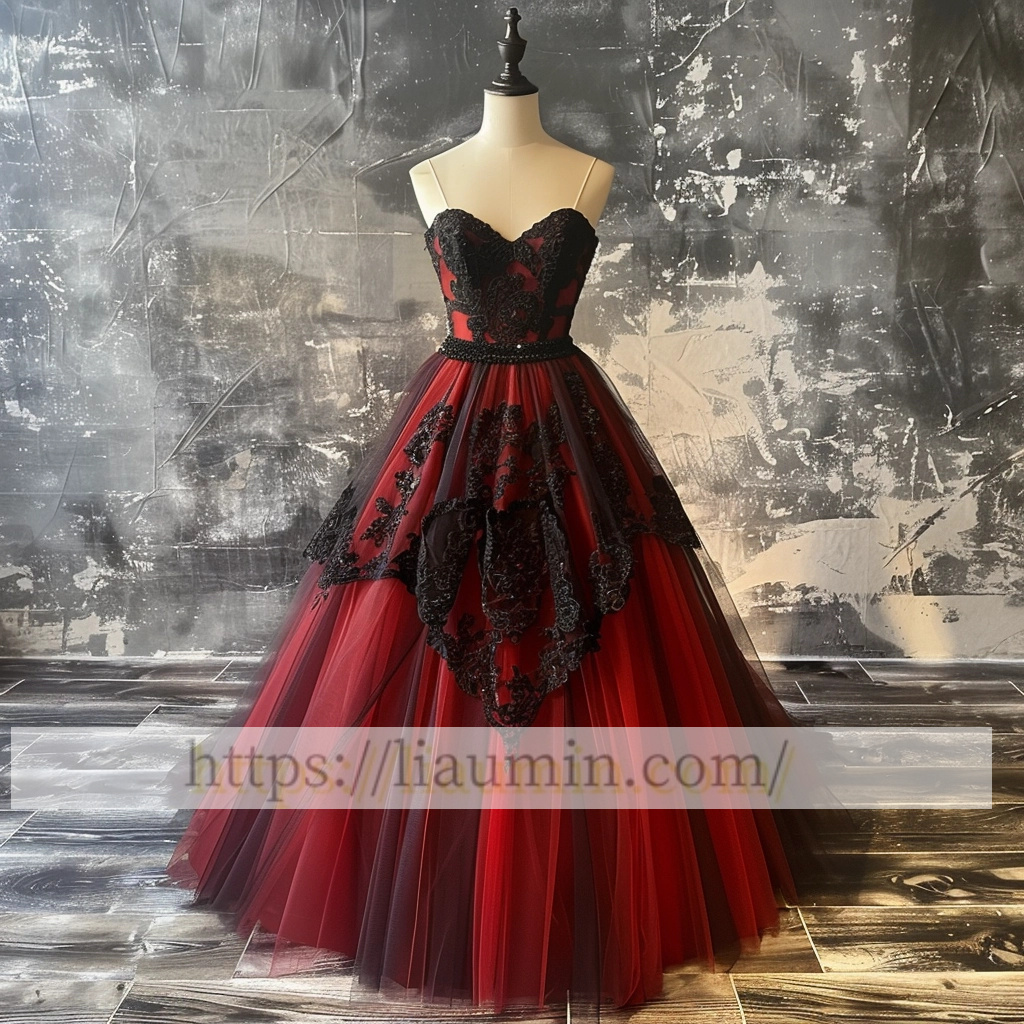 Red and Black Lace Evening Prom Dress Formal Lace Up Back Princess Skirt A-1.58