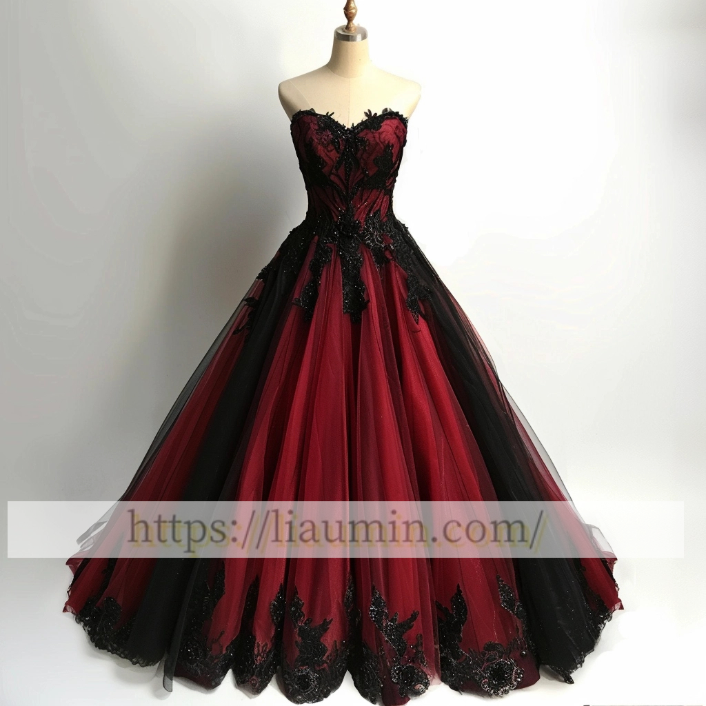 Red Tulle and Black Applique Strapless Evening Prom Formal Dress Custom Size A-1.59