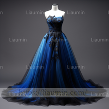 Load image into Gallery viewer, Blue Tulle Black Lace Applique A Line Strapless Evening Party Prom Formal Occasion Princess Dress B-1.5
