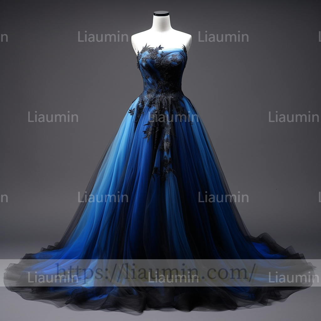 Blue Tulle Black Lace Applique A Line Strapless Evening Party Prom Formal Occasion Princess Dress B-1.5