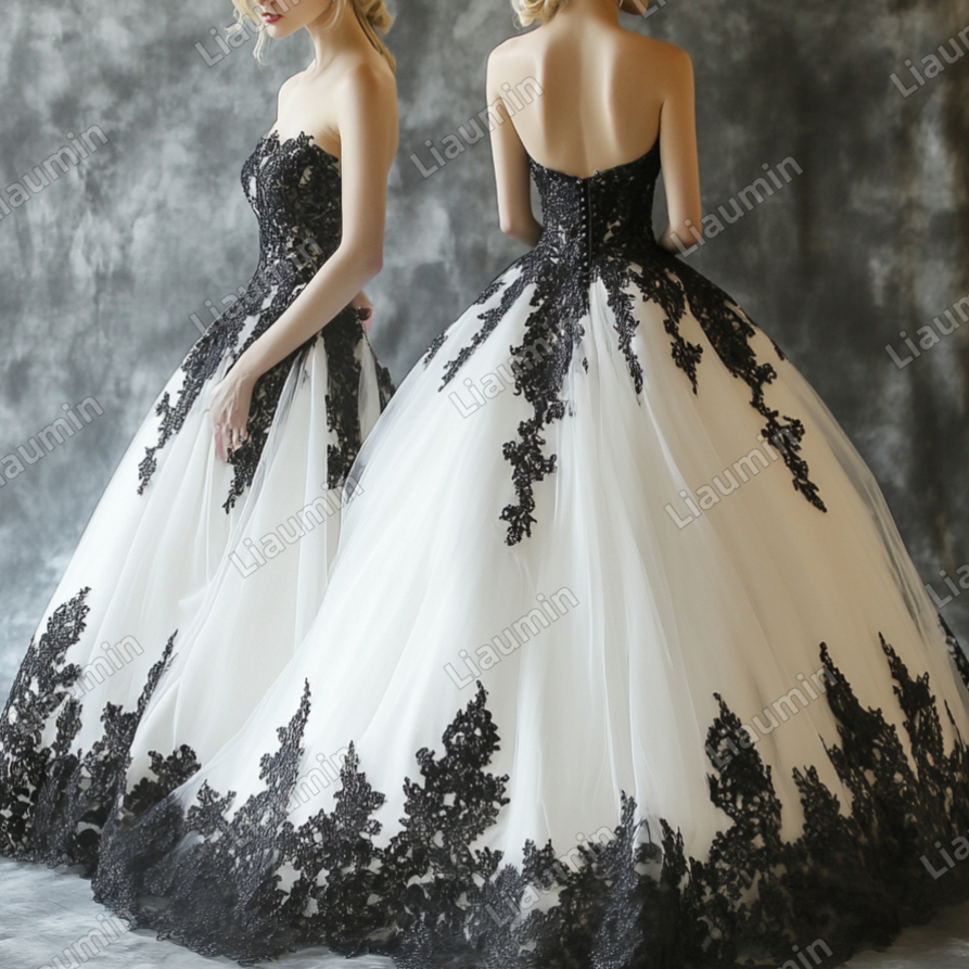 White Tulle and Black Lace Applique Strapless Wedding Evening Prom Formal Lace Up Back Princess Dress C-1.5