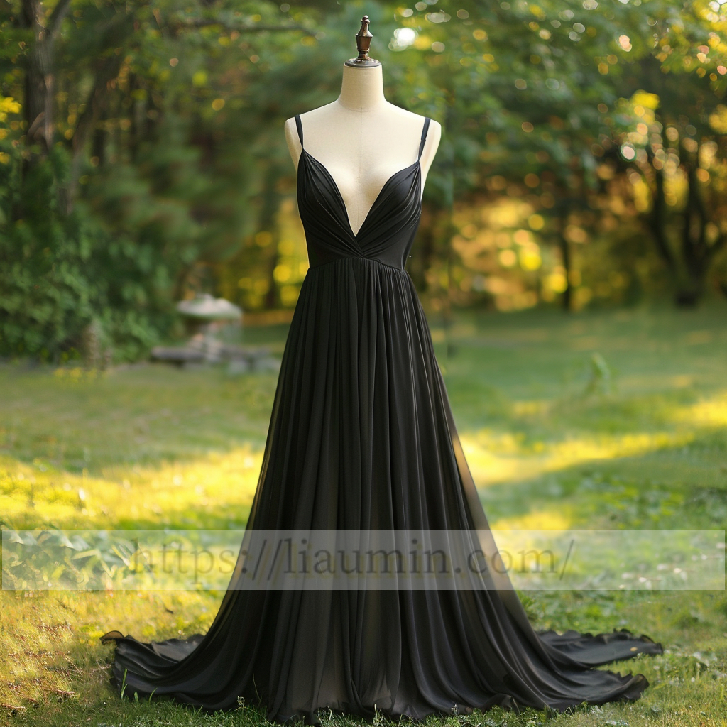 Black Full Length V Neck Evening Party Prom Formal Princess Dress Hand Made Custom W15-1.5