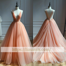 Load image into Gallery viewer, Pink V Neck Tulle Full Length Backless Evening Party Prom Formal Occasion Princess Homecoming Dress A-1.5
