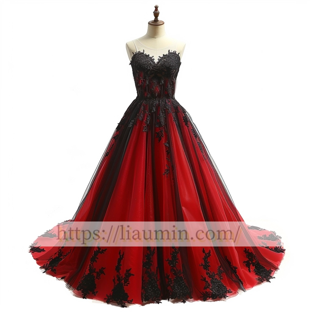 Red and Black Lace Evening Prom Dress Formal Lace Up Back Princess Dress A-1.60