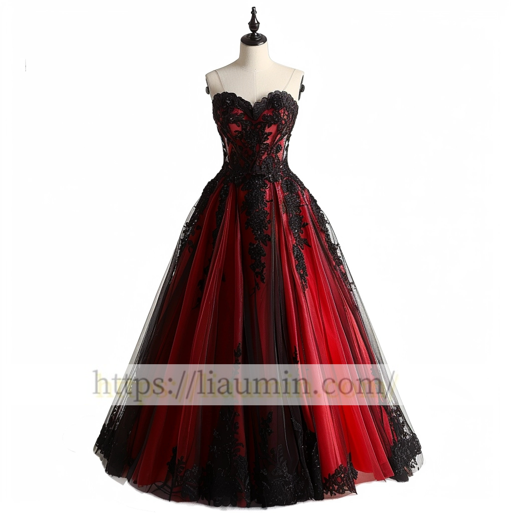 Red Tulle and Black Applique Strapless Evening Prom Formal Dress Custom Color Size A-1.61