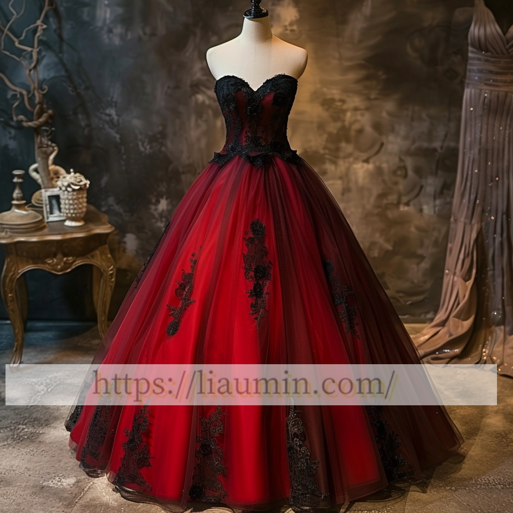 New Red and Black Lace Evening Prom Dress Formal Lace Up Back Princess Dress A-1.62
