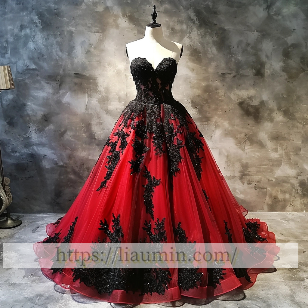 Red Tulle and Black Lace Applique Strapless Evening Prom Formal Dress Custom Size A-1.63