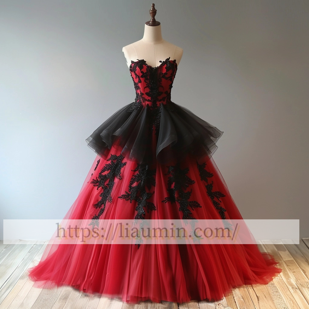 Red and Black Lace Evening Prom Dress Formal Lace Up Back Princess Dress A-1.64