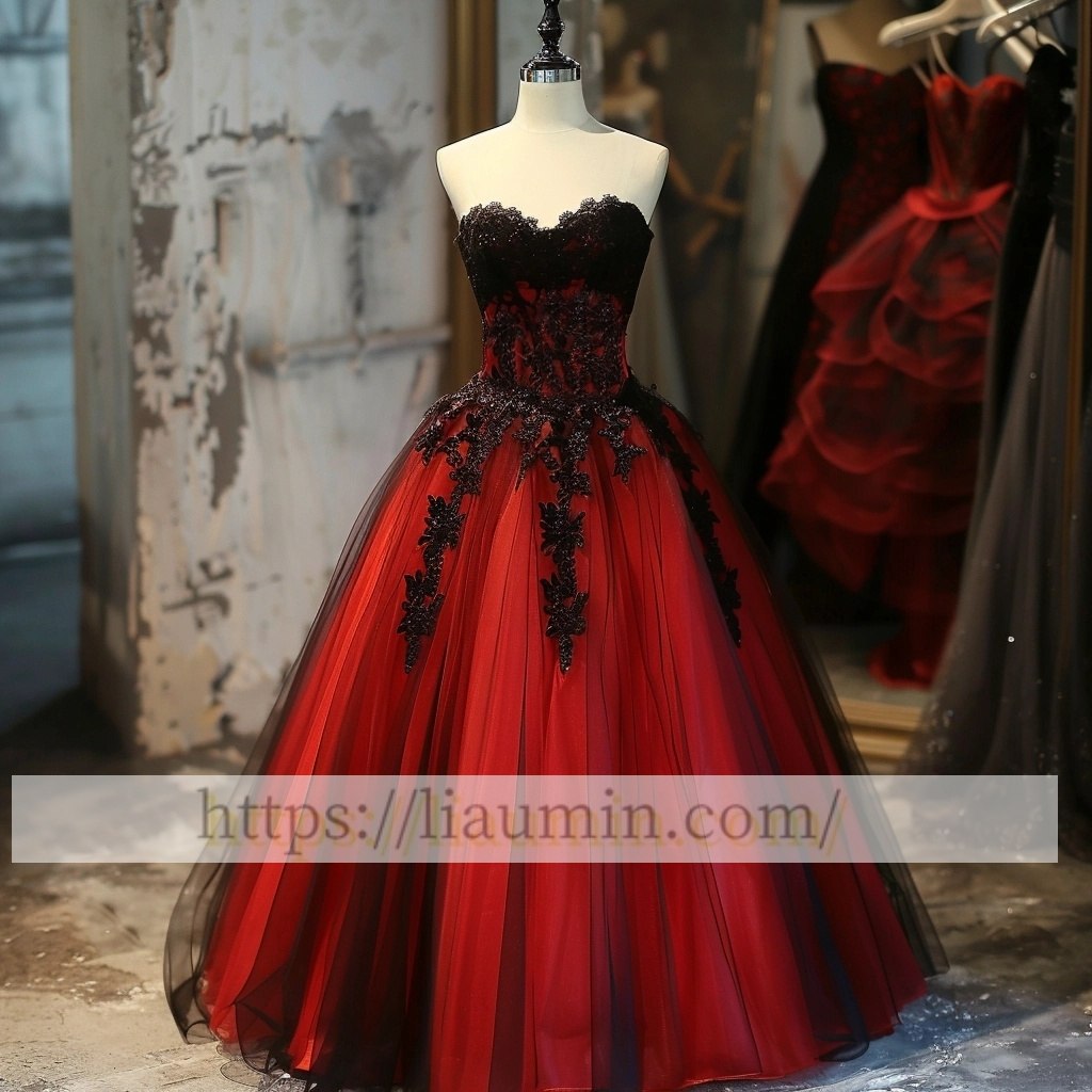 Red Tulle and Black Lace Applique Strapless Evening Prom Formal Dress Custom Size A-1.65