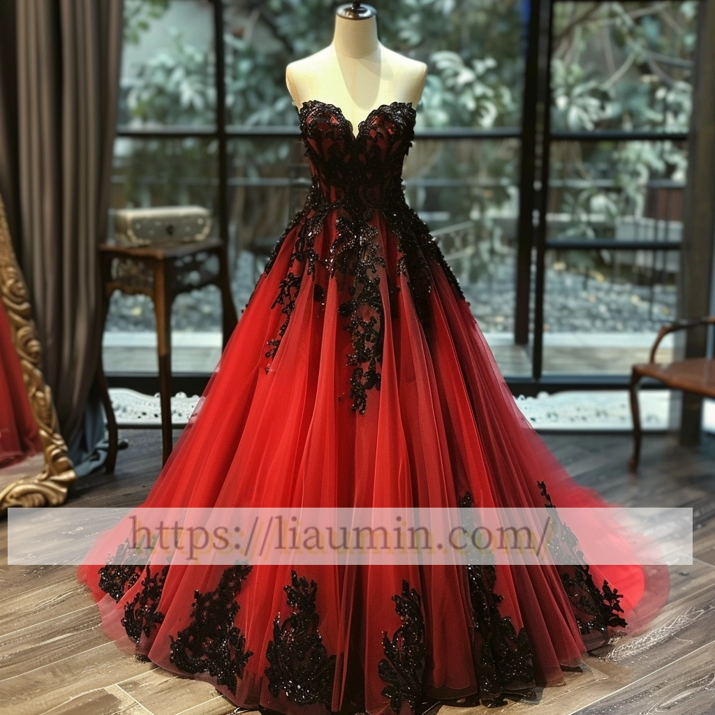 Red and Black Lace Evening Prom Dress Formal Lace Up Back Princess Dress Hand Made A-1.66