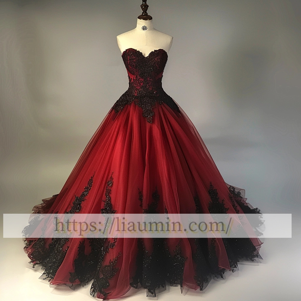 Red Tulle and Black Lace Applique Strapless Evening Prom Formal Dress Custom A-1.67