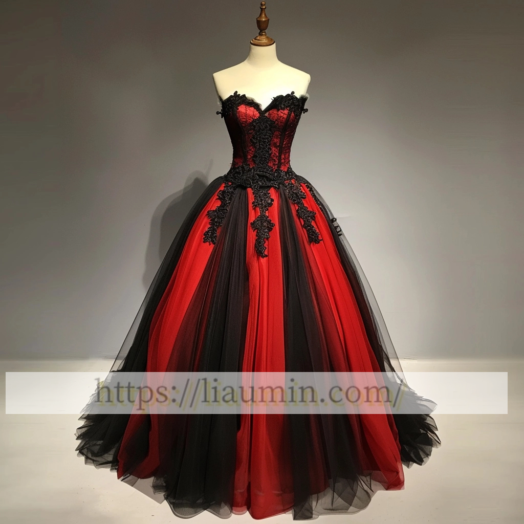Red and Black Lace Evening Prom Dress Formal Lace Up Back Princess Dress Custom A-1.68