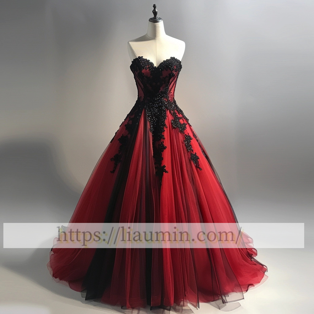Red Tulle and Black Lace Applique Strapless Evening Prom Formal Dress Custom Size A-1.69