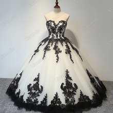 Load image into Gallery viewer, White Tulle and Black Lace Applique Strapless Wedding Evening Prom Formal Lace Up Back Princess Dress C-1.6
