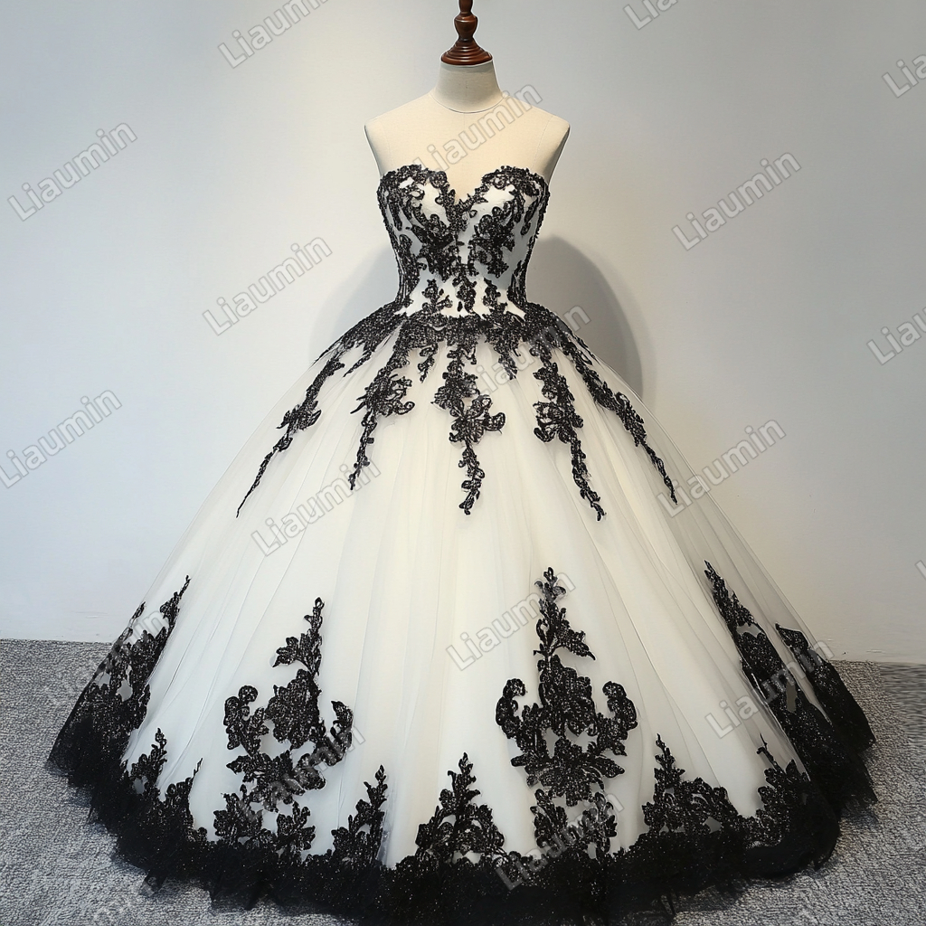 White Tulle and Black Lace Applique Strapless Wedding Evening Prom Formal Lace Up Back Princess Dress C-1.6