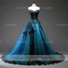 Load image into Gallery viewer, Blue Tulle Black Lace Applique Strapless Evening Party Prom Formal Occasion Princess Dress B-1.6
