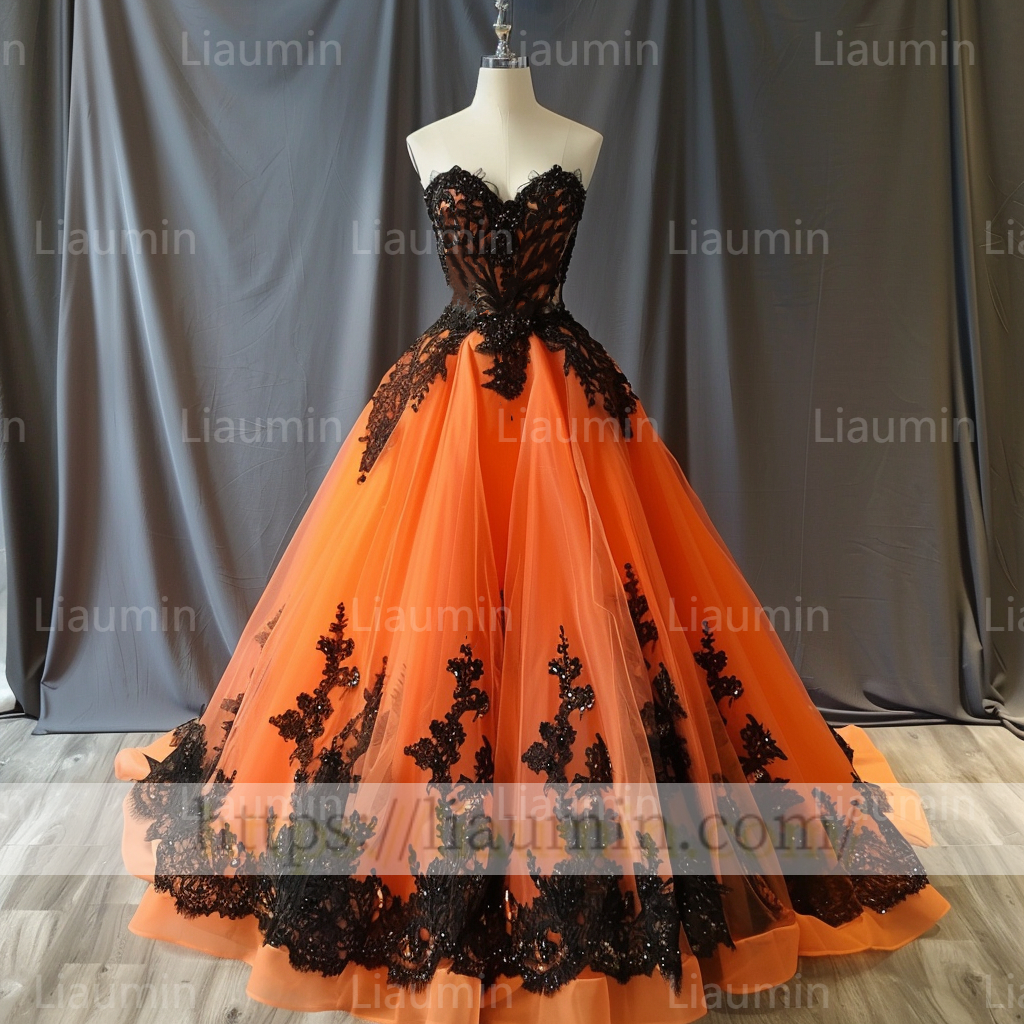 Custom Made Classic Orange Tulle Black Lace Applique Off the Shoulder Evening Party Prom Formal Occasion Princess Dress A-1.6