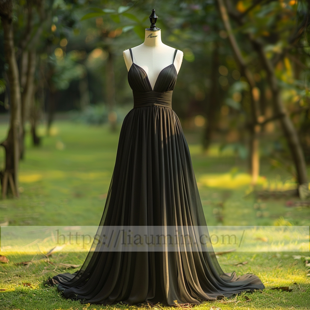 Black Full Length V Neck Stap Evening Party Prom Formal Princess Dress Hand Made Custom W15-1.6