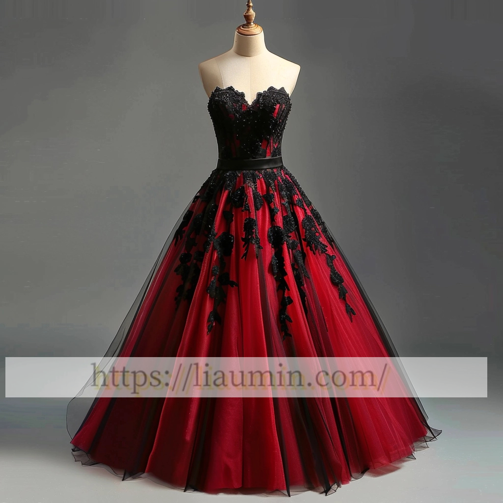 Hand Made Red Tulle and Black Lace Applique Strapless Evening Prom Formal Dress Custom A-1.70