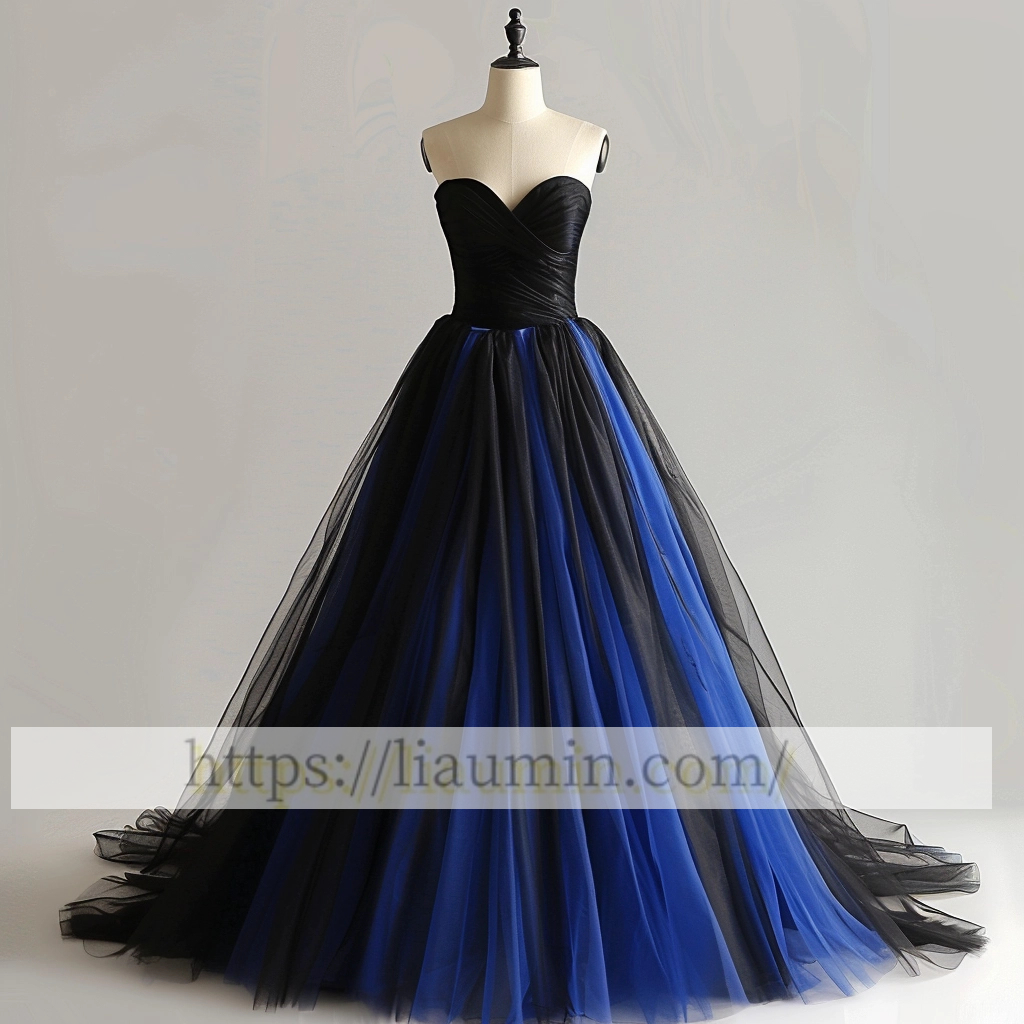 Hand Made Blue Tulle and Black Strapless Evening Prom Formal Dress Custom A-1.71